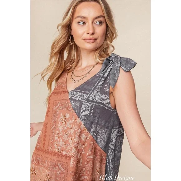 LAST 1! V Neck Boho Color Block Ruffle Woven Top! - Picture 7 of 9